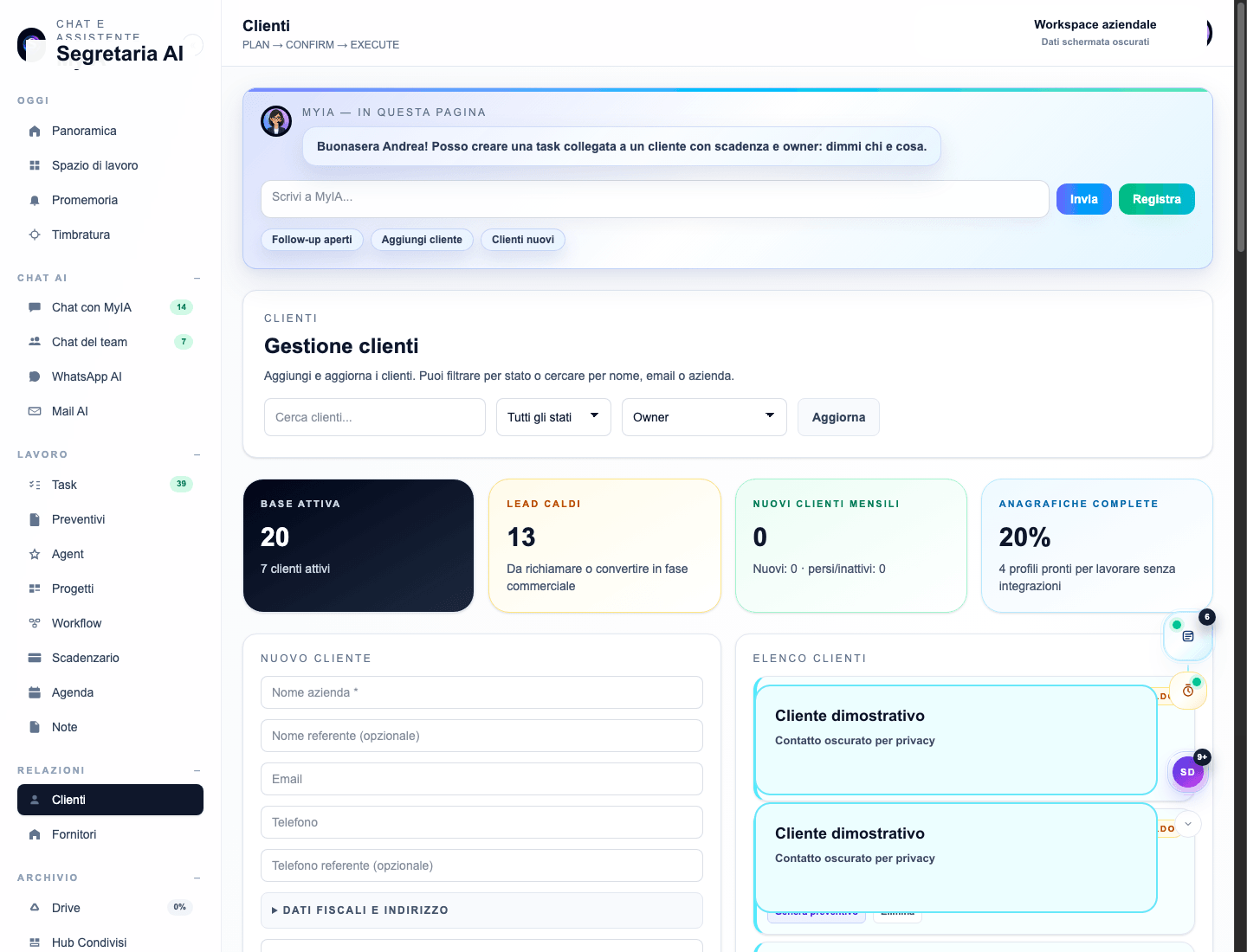 Schermata reale sanificata Clienti Segretaria AI OS